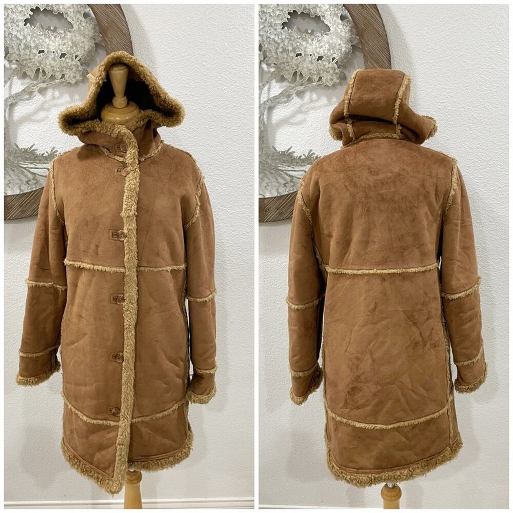 Gallery Faux Suede Leather Shearling Hooded Coat Caramel Tan XS